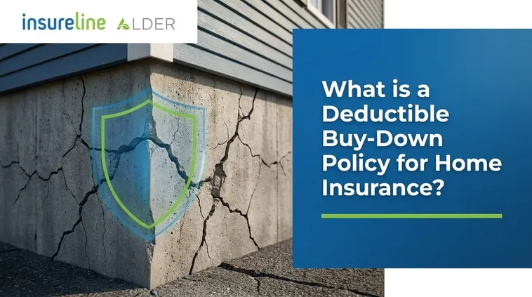 Headline graphic: What is a deductible buy-down policy for home insurance? Cracked foundation wall with a shield