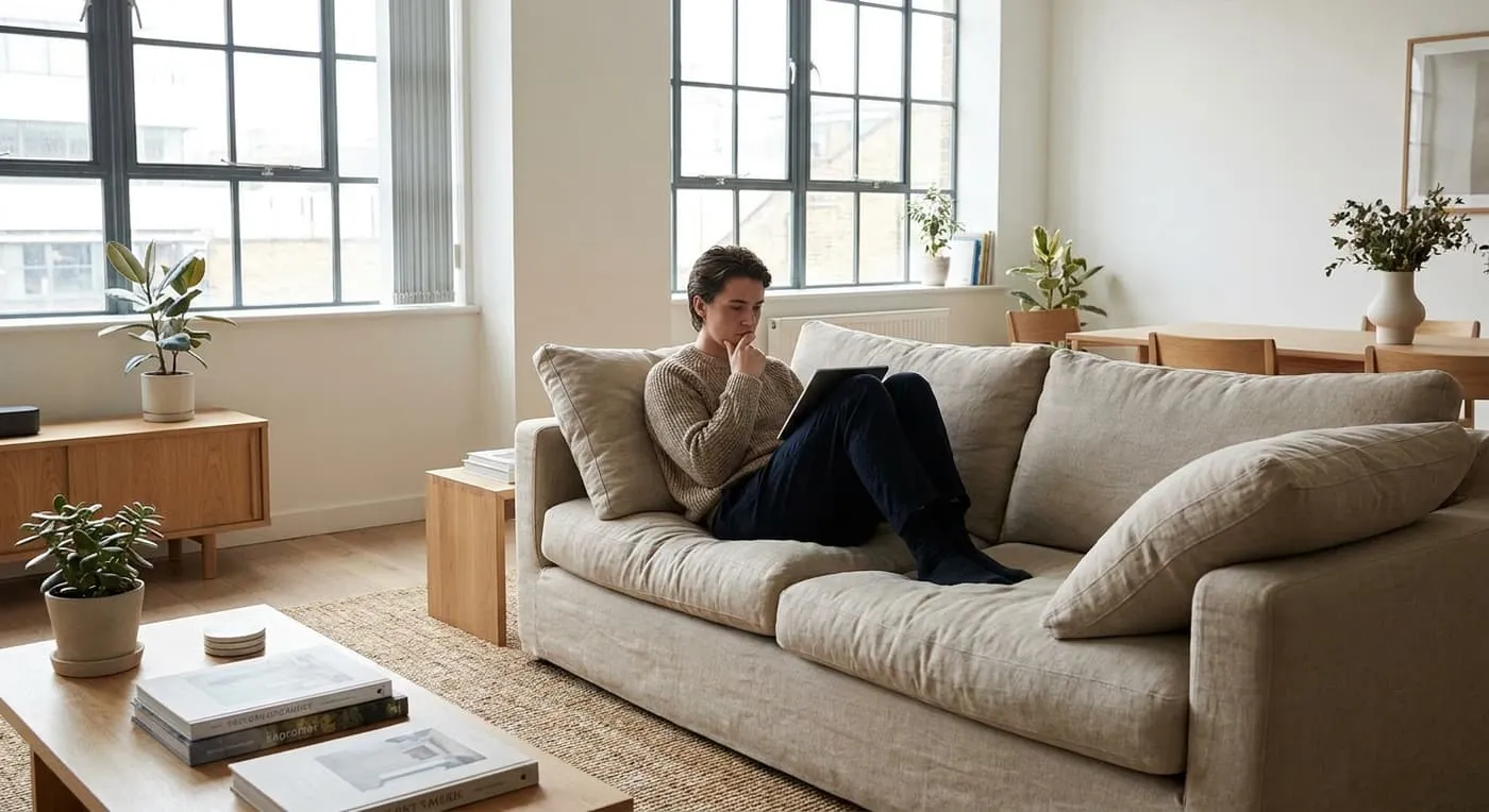 A renter relaxing on a sofa with a tablet in a bright apartment living room