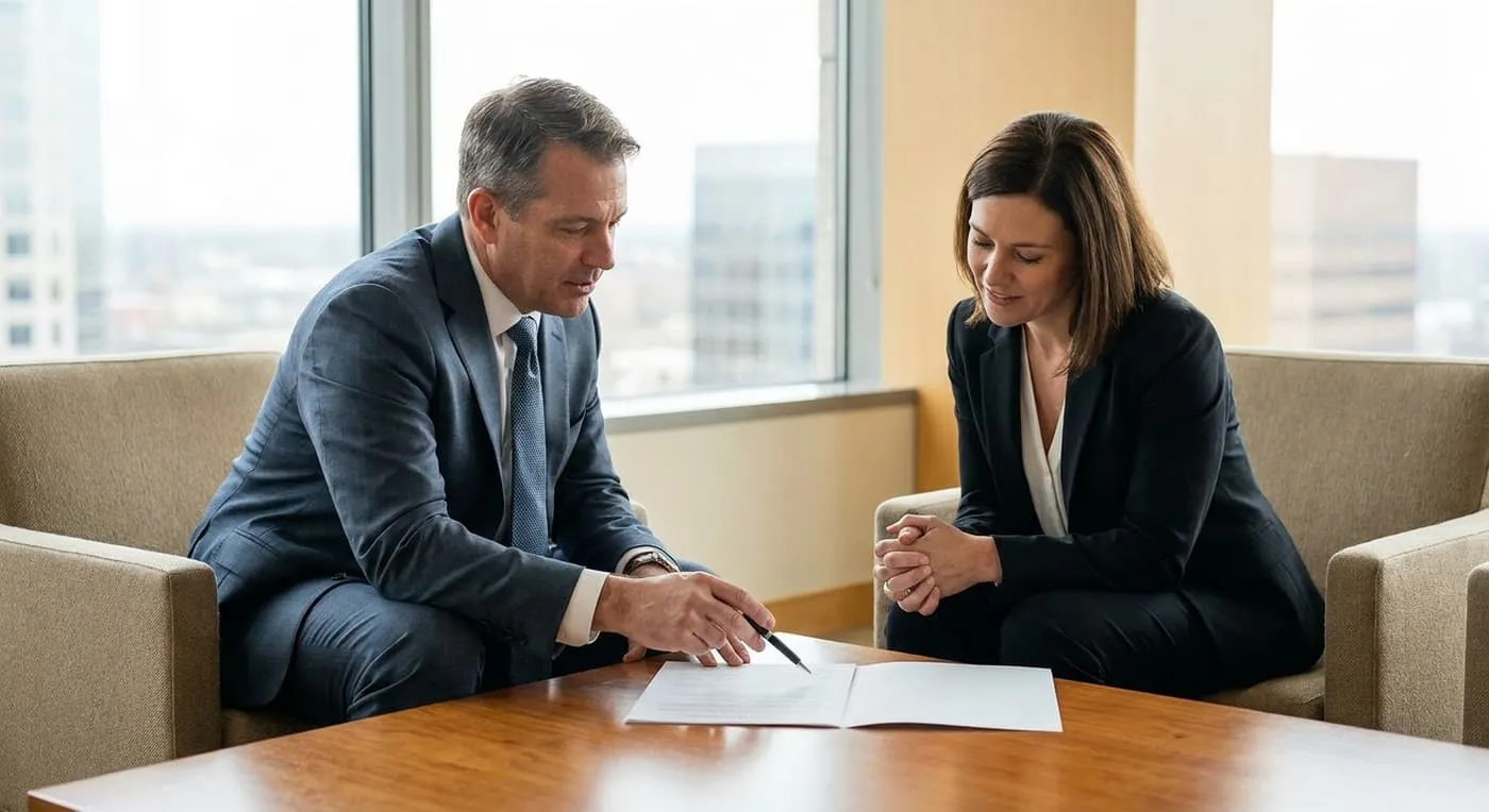 A man in a suit points to a document on a coffee table while a woman looks on in an office lounge