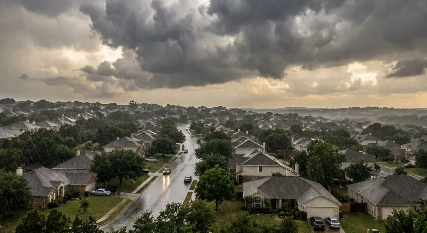 Dark storm clouds and rain over a neighbourhood of houses and a wet street