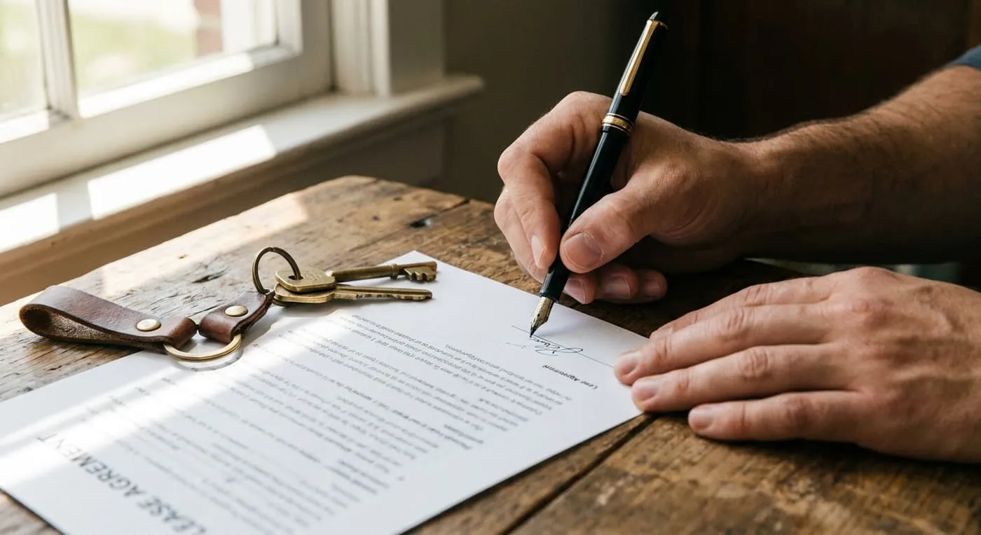 A hand signing a lease agreement with a pen, with a set of keys lying on the paper