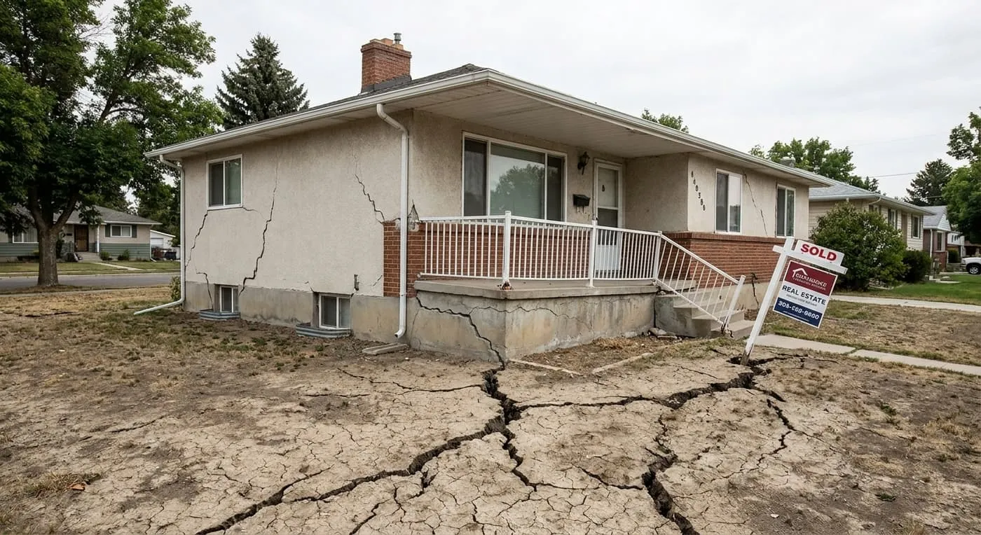 A house with cracked walls and front step, and deep cracks in the dry ground in front of it