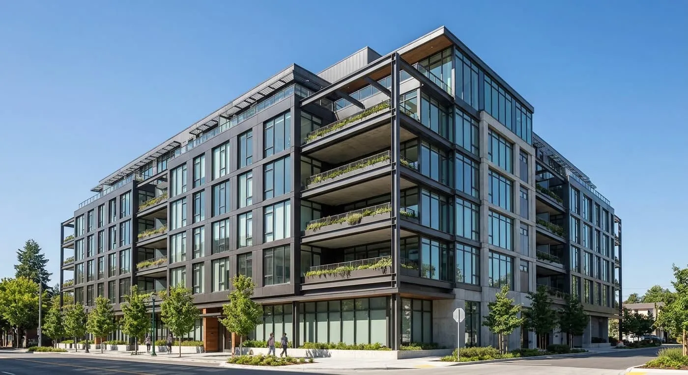 A modern multi-storey condo building with glass walls and plant-filled balconies, under a blue sky