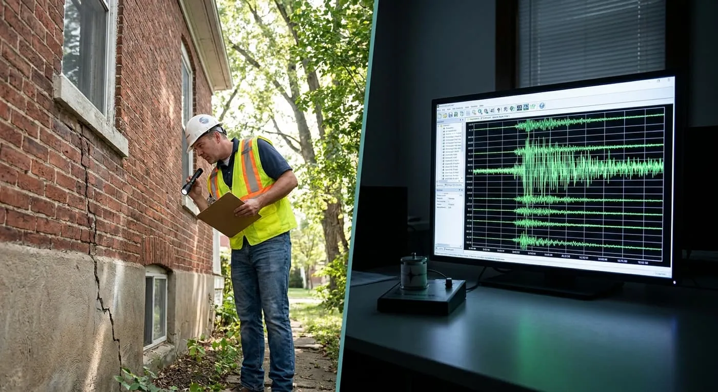 An inspector in a hard hat checking a cracked brick wall, beside a screen of earthquake sensor readings
