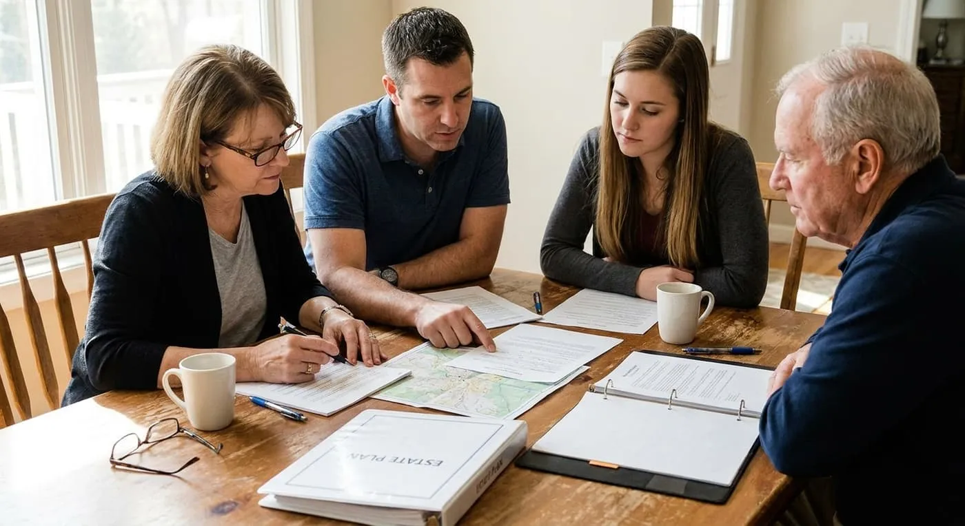 Four people around a wooden table going over papers, a map and a binder together