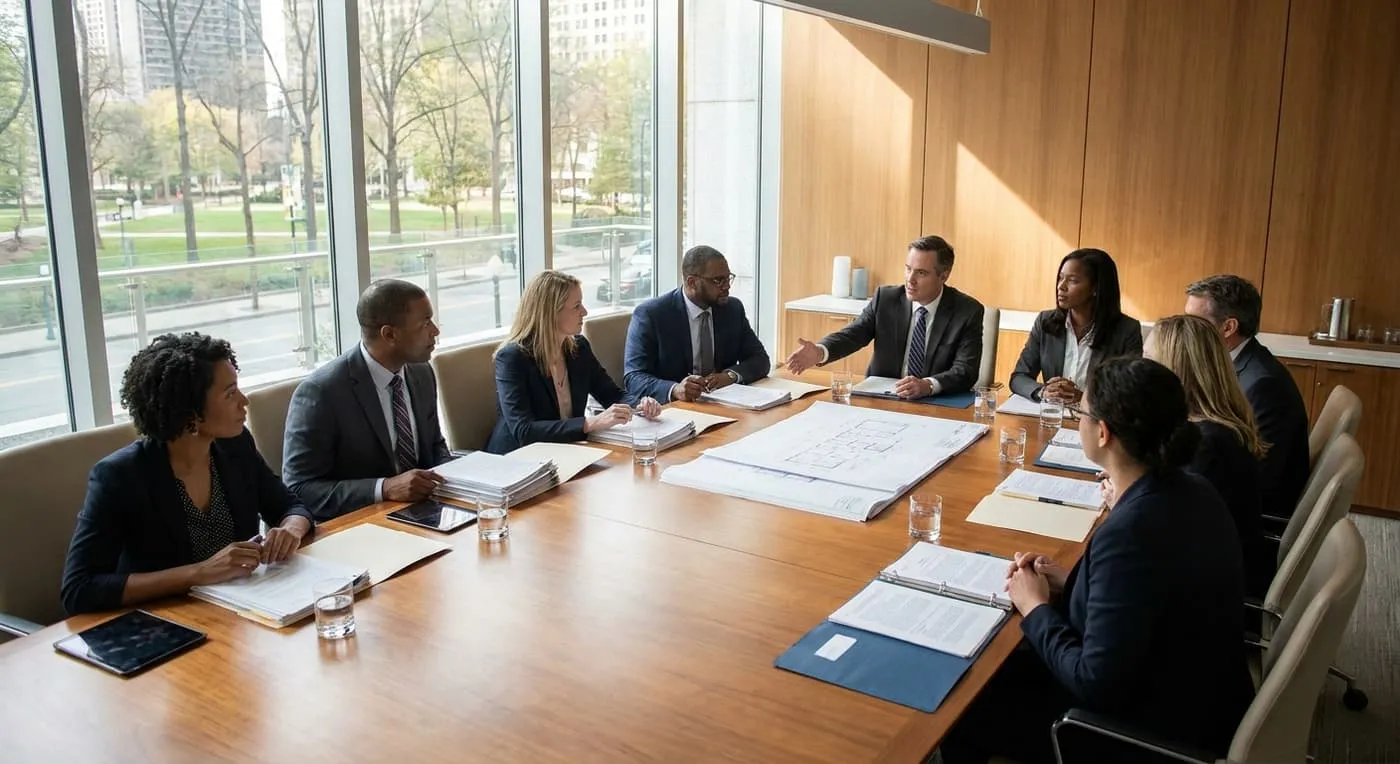 A group meets around a large wooden table covered with papers and building plans while one man speaks
