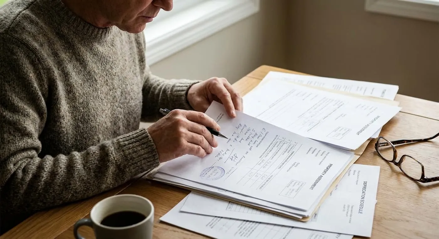 A man at a table goes through a stack of papers, including ones labelled Property Assessment and Depreciation Schedule