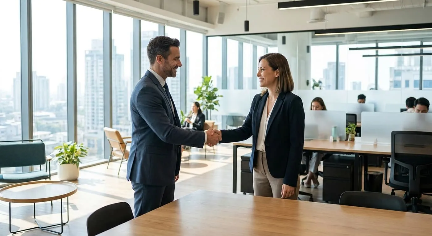 A man and a woman in business clothes shake hands in a bright open-plan office