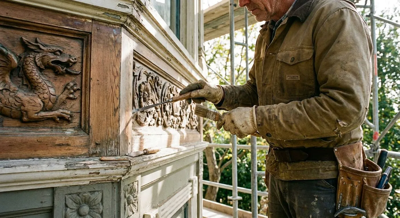 A worker with a chisel and brush restores ornate carved wood panels, one showing a dragon, on an old building