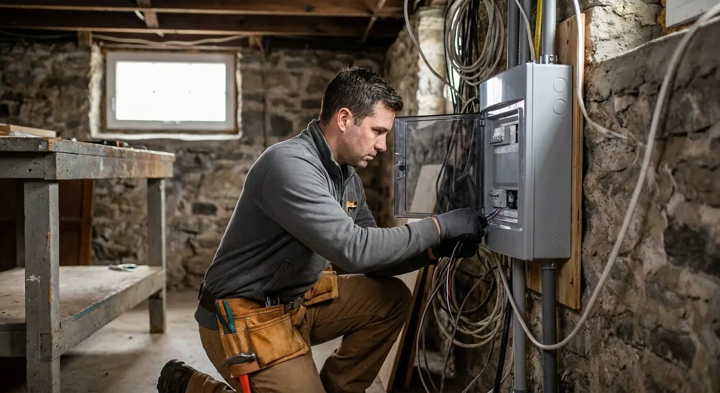 A worker in gloves works on an electrical panel with bundles of wire in an old stone basement