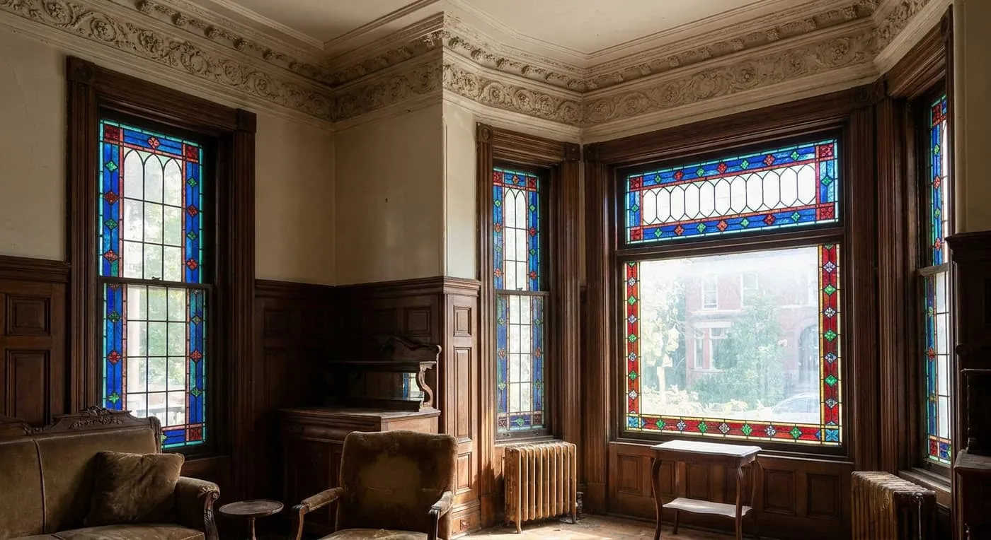 An old-style room with stained glass windows, dark wood panelling, ornate ceiling trim and radiators