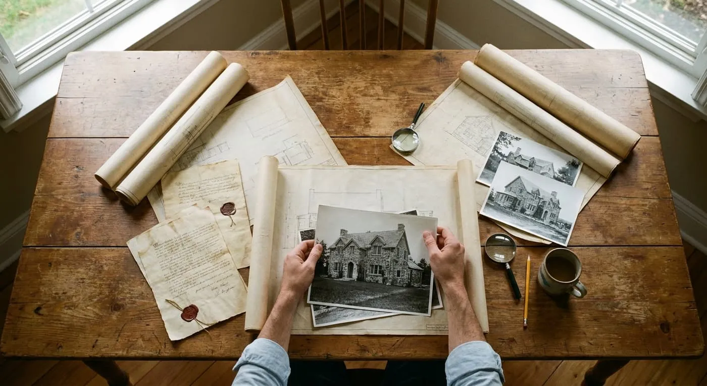 Old photos of a stone house, rolled plans, aged papers with wax seals and magnifying glasses on a wooden table