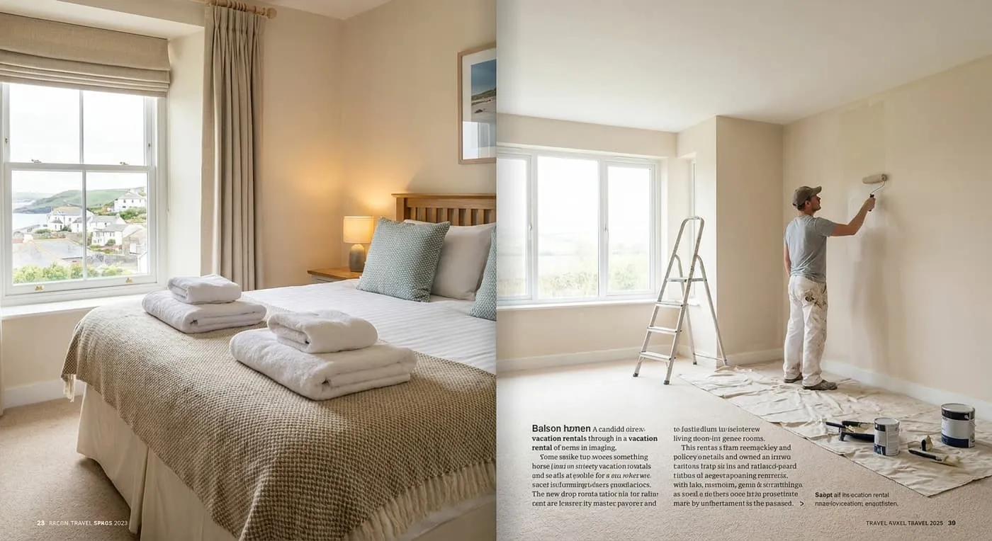 Two photos side by side: a rental bedroom with folded towels, and a man painting the wall of an empty room