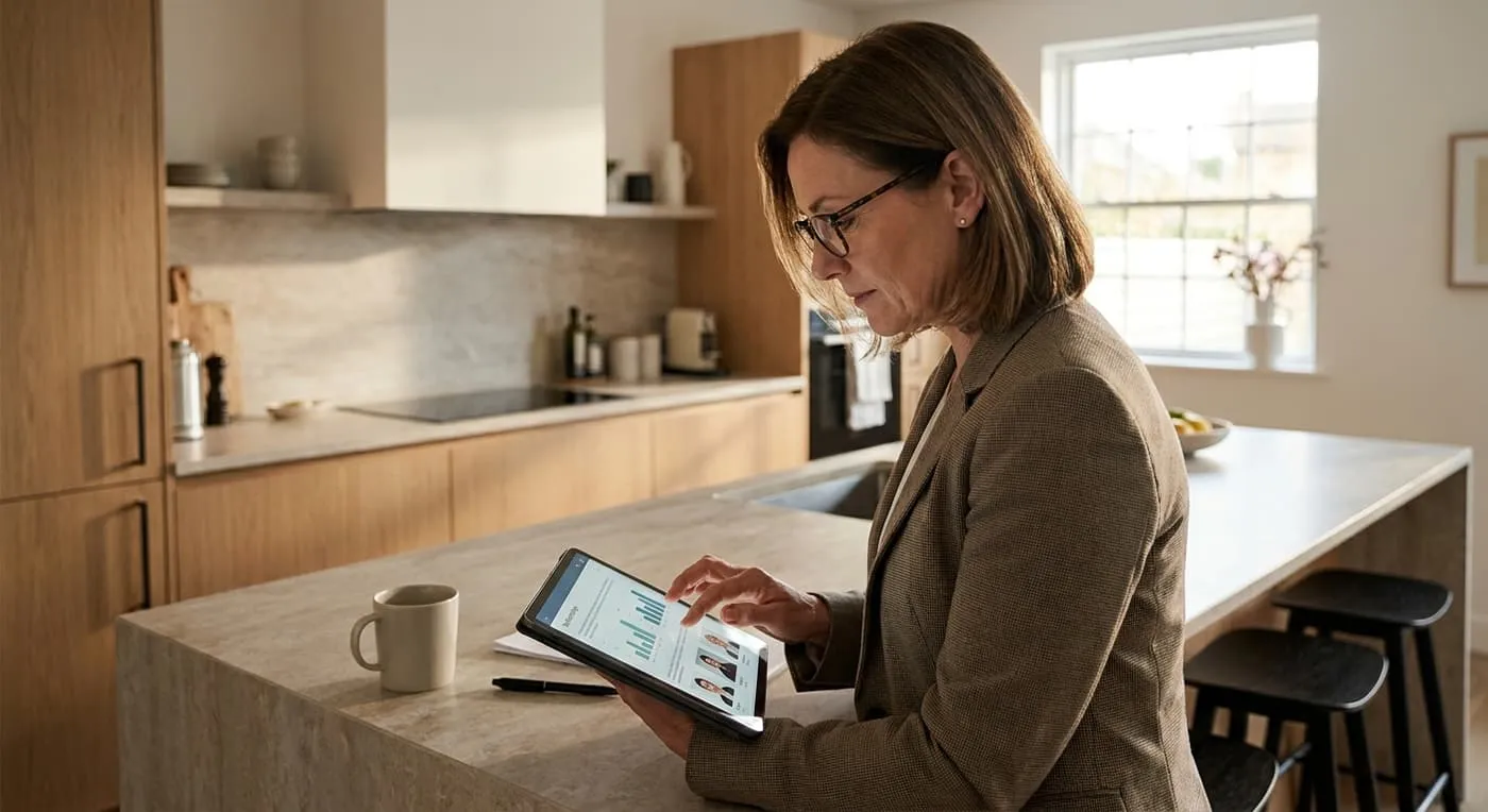 A woman in glasses looks over charts on a tablet at a kitchen island