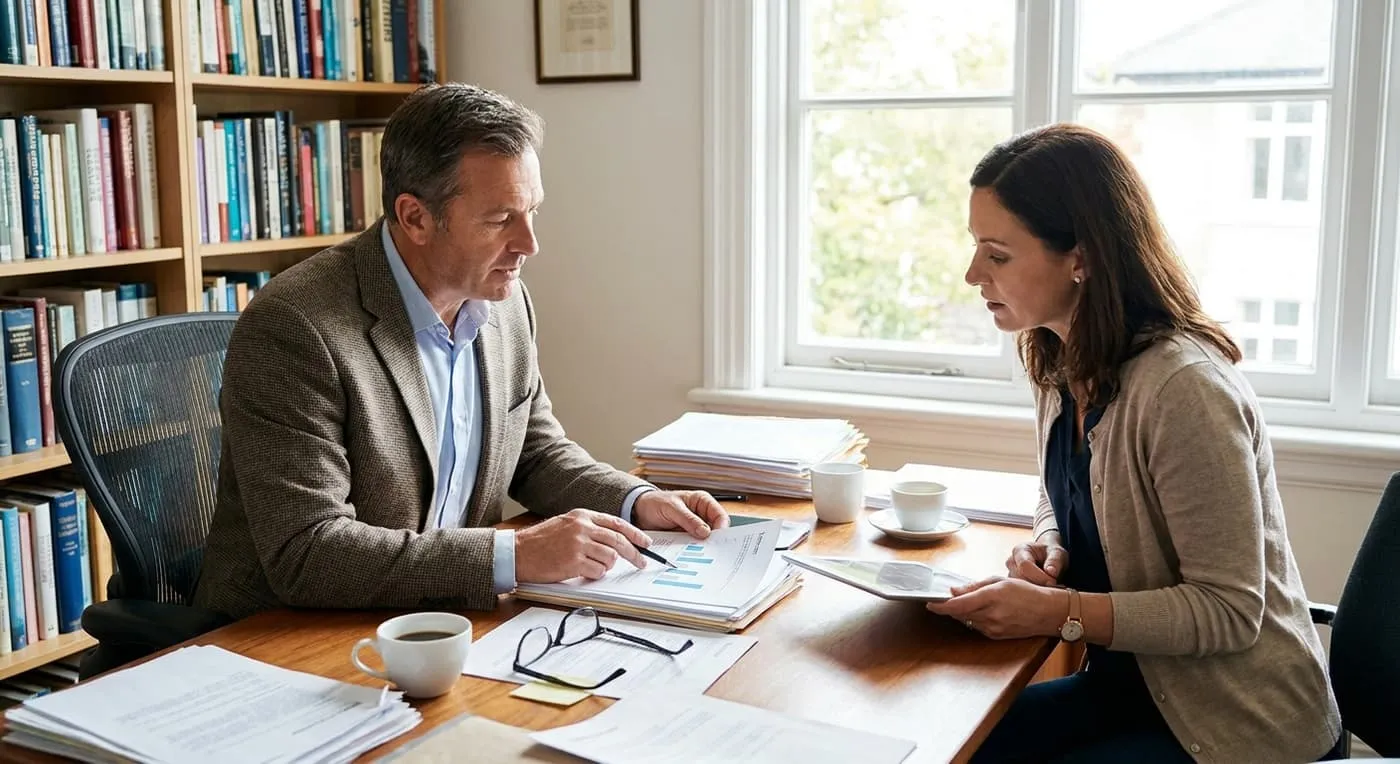 A man and a woman go over papers with a chart at a desk covered in documents and coffee cups