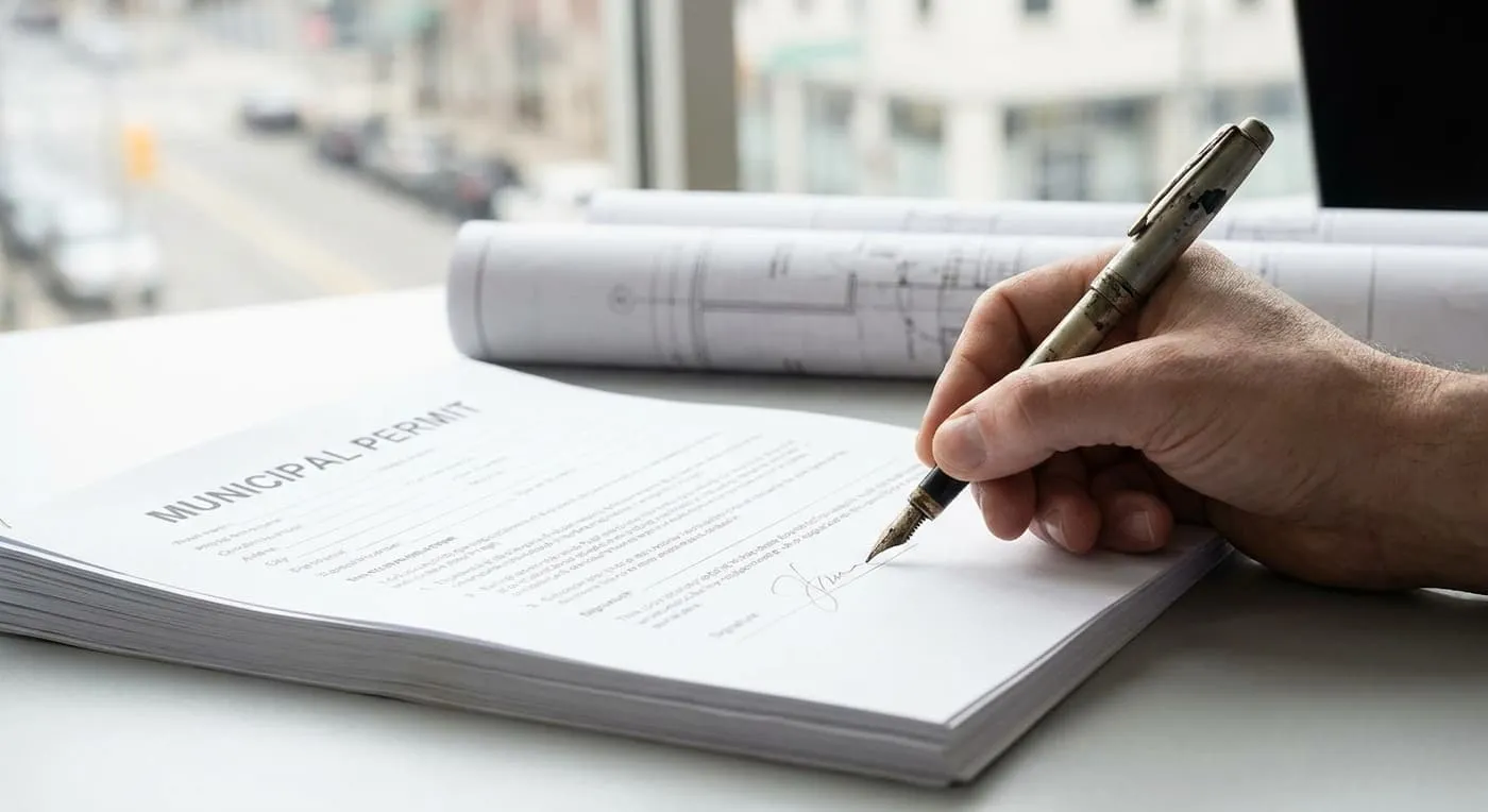 A hand signs a form titled Municipal Permit with a fountain pen, with rolled plans behind it