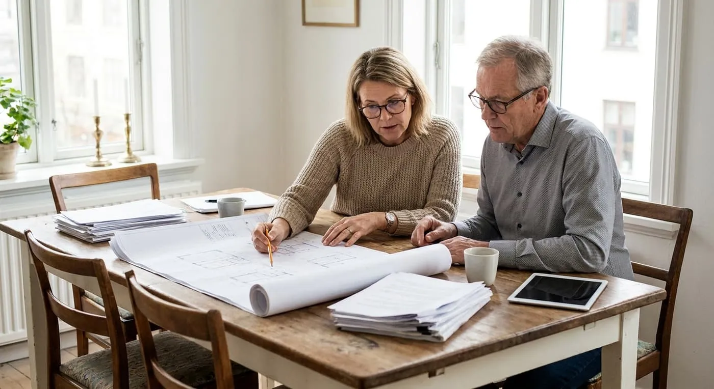 A man and woman at a wooden table study house floor plans, with a stack of papers and a tablet beside them