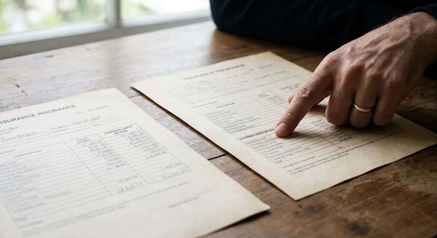 A hand points to the coverage limits on one of two insurance forms laid side by side on a table