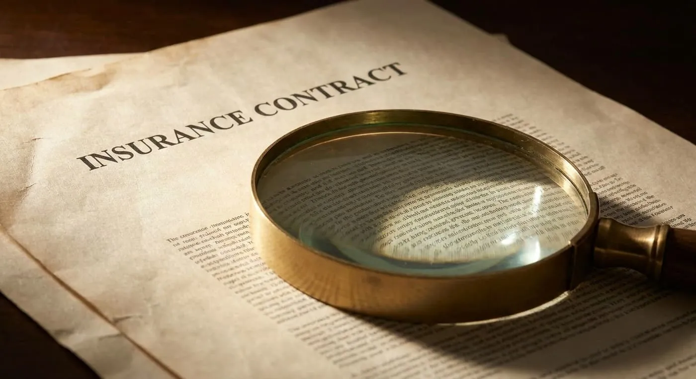 A brass magnifying glass over the fine print of a document headed Insurance Contract