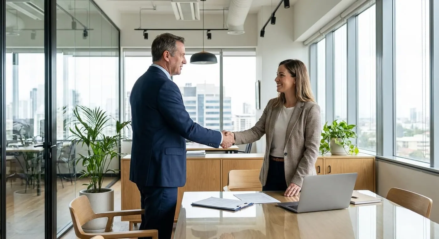 A man and a woman shake hands in a bright office, with a laptop and papers on the table in front of them
