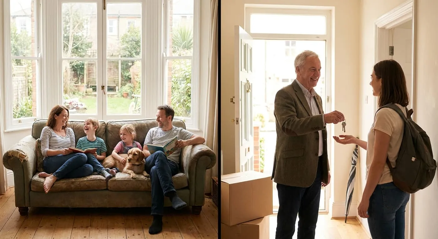 A family reading on a sofa at home, beside a man handing house keys to a young woman