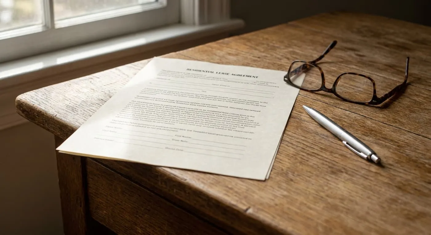 A residential lease agreement on a wooden table beside a pair of glasses and a pen