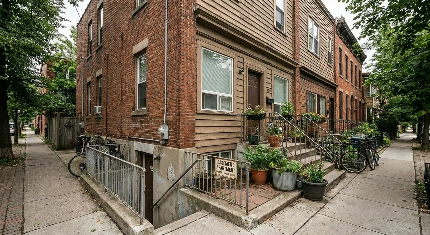 A brick house on a tree-lined street with a basement apartment entrance below the front steps