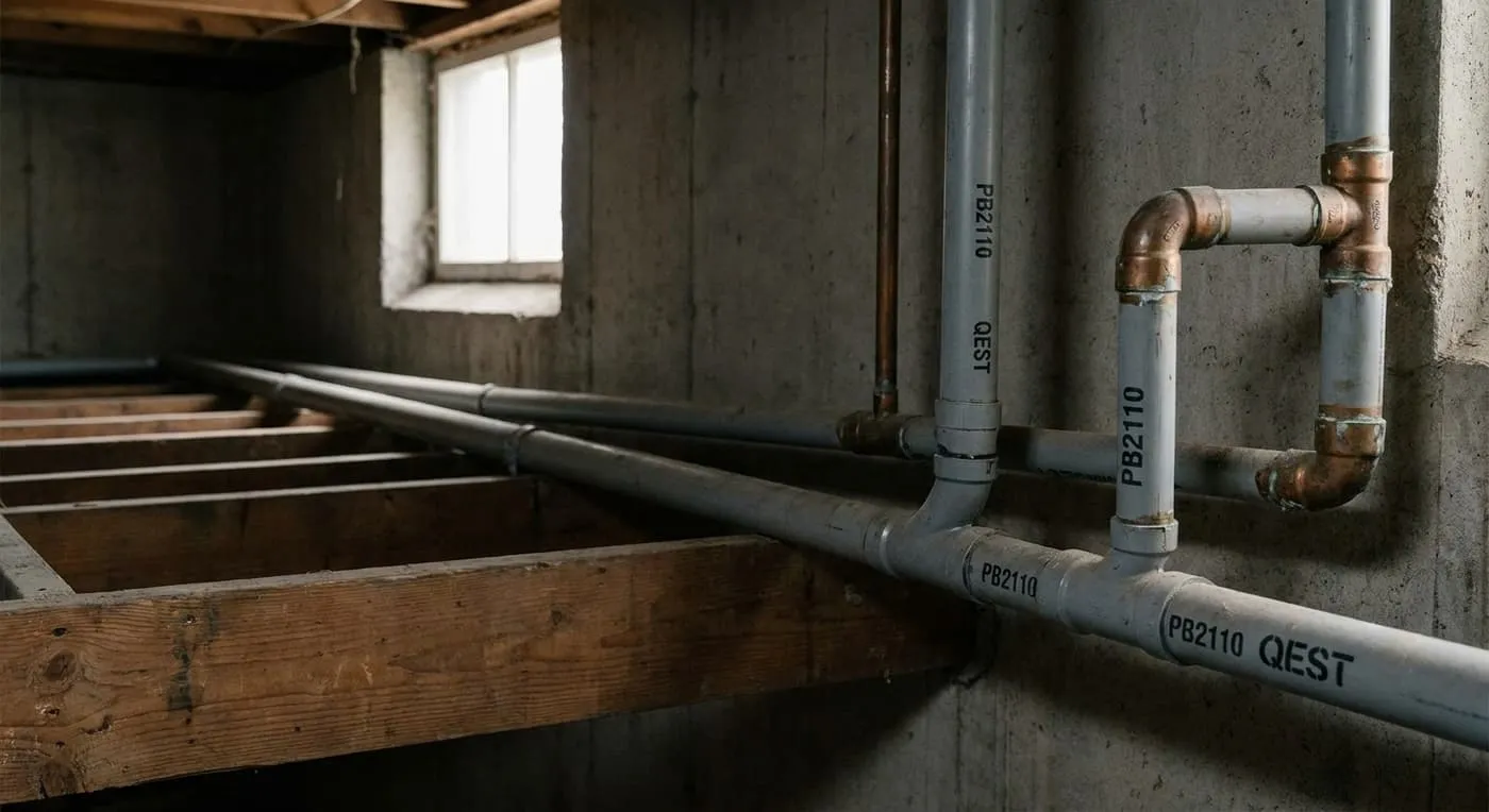 Grey pipes stamped PB2110 run along the joists and concrete wall of an unfinished basement, with copper fittings