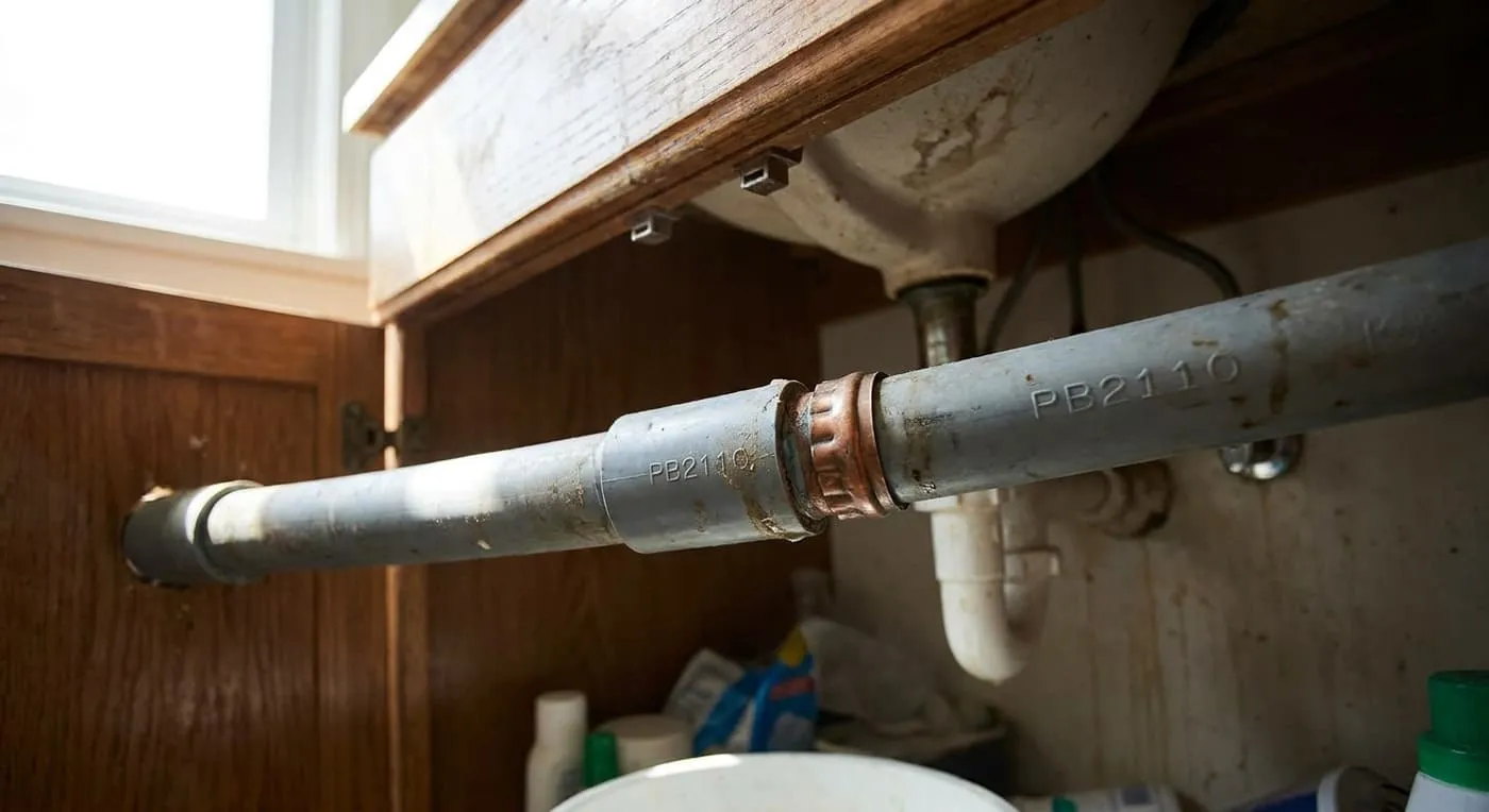 A grey pipe stamped PB2110 with a copper fitting runs through a cabinet under a sink