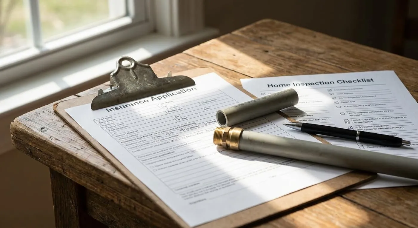An insurance application on a clipboard and a home inspection checklist, with a short grey pipe sample and a pen