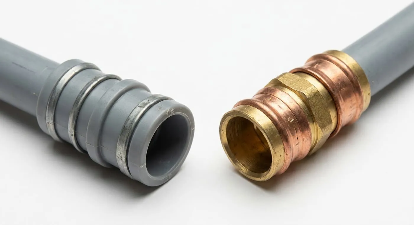 A grey plastic pipe fitting with metal crimp rings beside a copper and brass fitting for comparison
