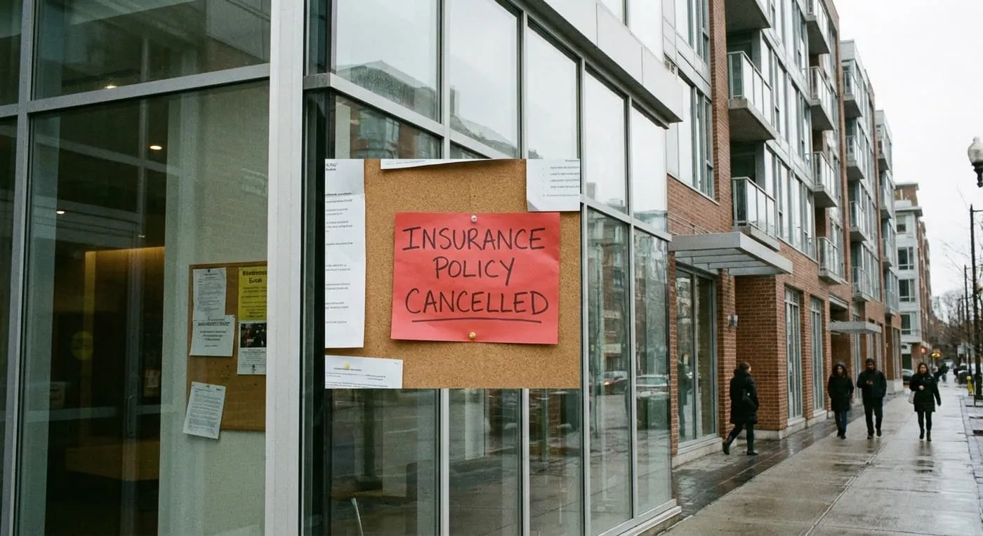 A red handwritten sign reading Insurance Policy Cancelled pinned to a notice board outside an apartment building