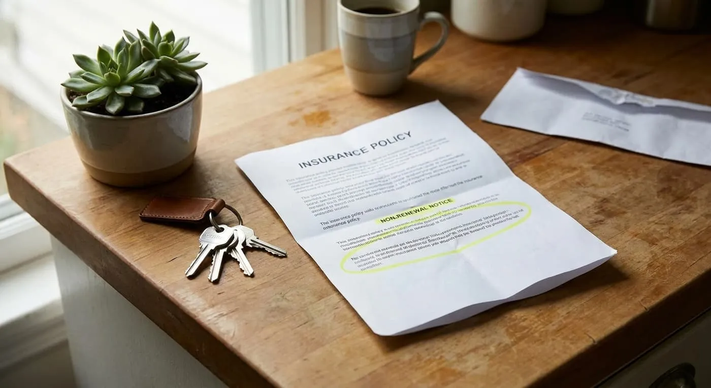 A folded insurance policy page with a highlighted non-renewal notice, lying on a table next to keys and an envelope