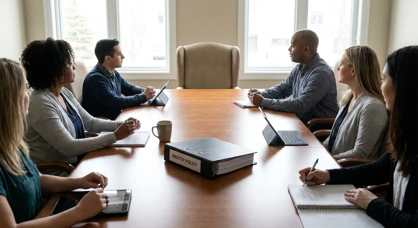 Six people meet around a wooden table with a binder labelled Master Policy in the middle, taking notes