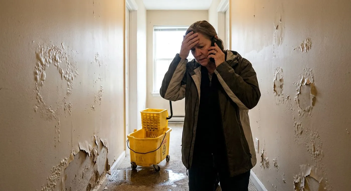 A stressed woman on the phone stands in a hallway with peeling water-damaged walls, a wet floor and a mop bucket