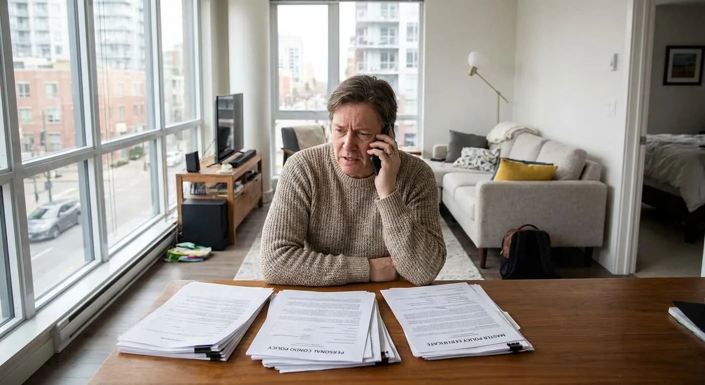 A worried man on the phone sits behind stacks of papers marked Personal Condo Policy and Master Policy Certificate