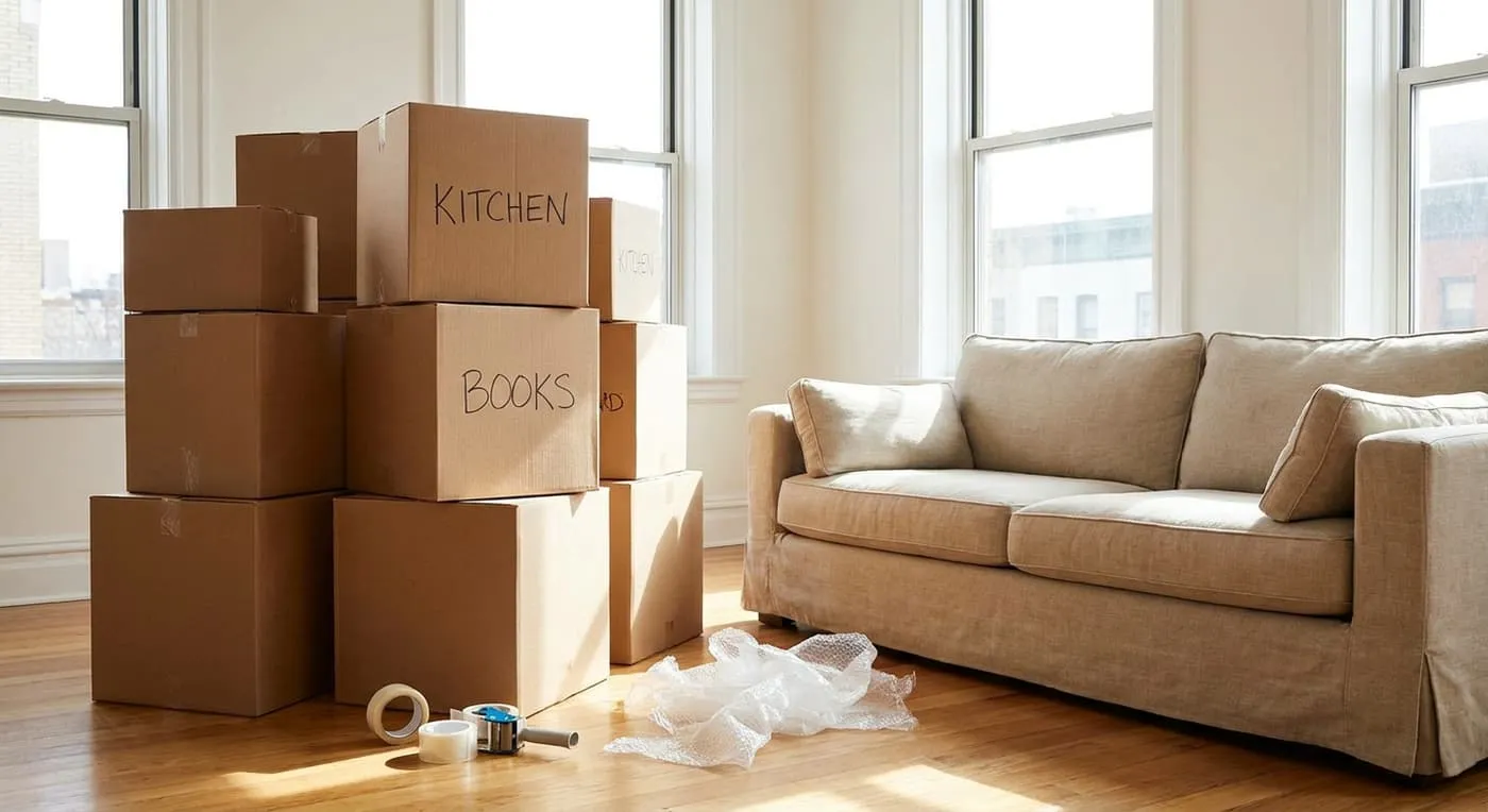 Moving boxes labelled Kitchen and Books stacked next to a sofa in a bright room, with tape and bubble wrap on the floor