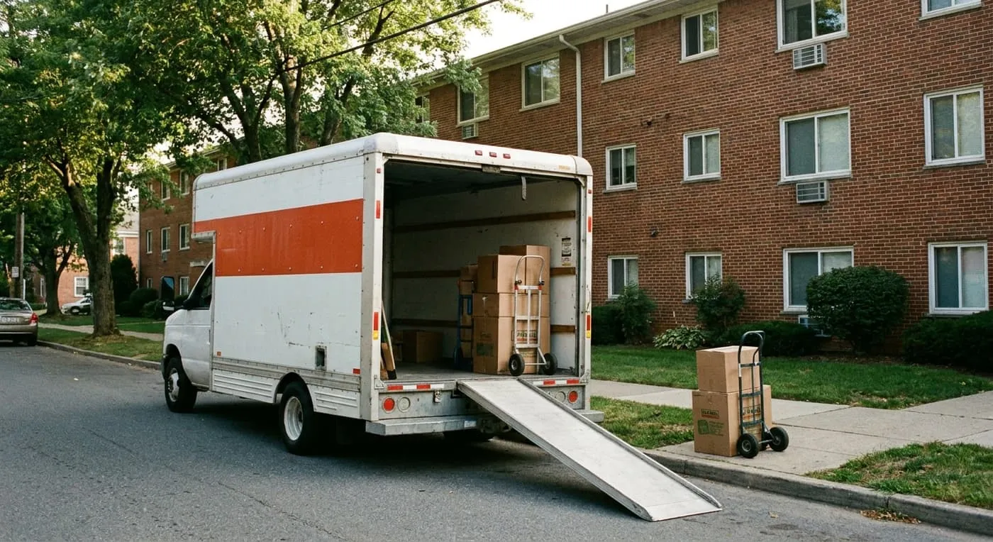 A moving truck with its ramp down outside a brick apartment building, with boxes and hand trucks