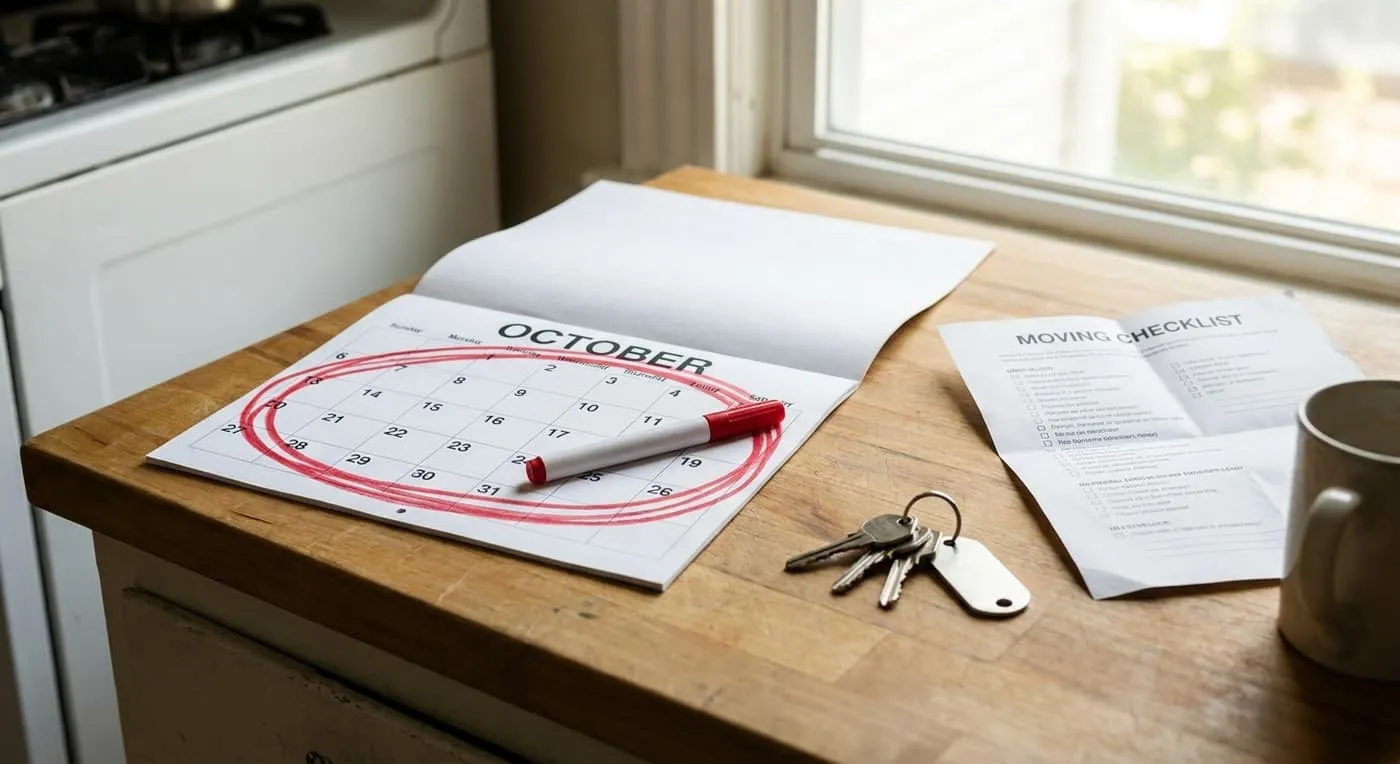 A calendar page with days circled in red marker, next to a set of keys and a moving checklist