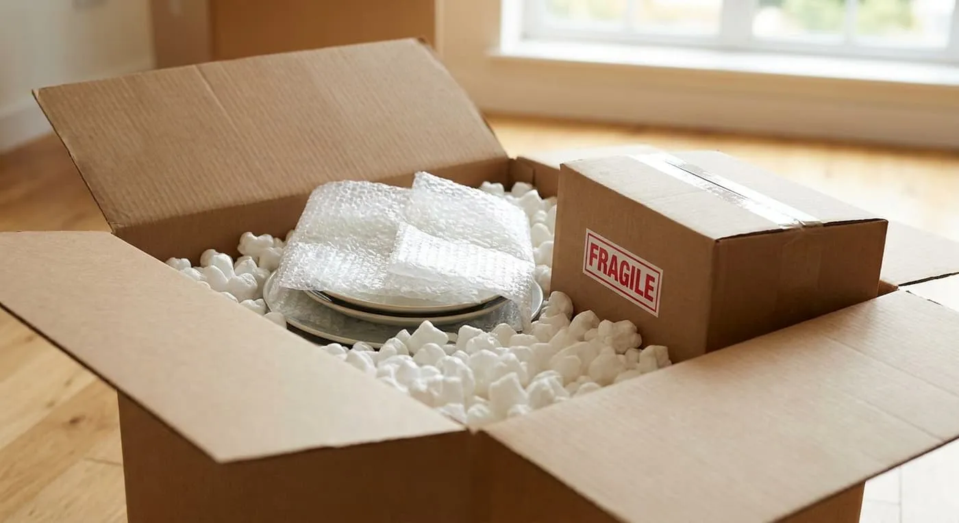 An open box with plates wrapped in bubble wrap and foam packing peanuts, beside a box marked Fragile