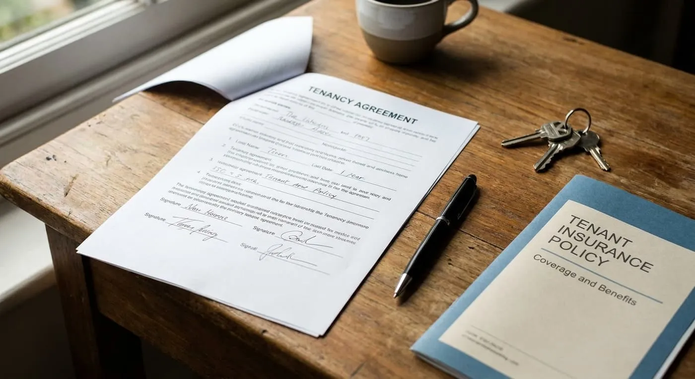 A signed tenancy agreement on a wooden table beside house keys, a pen and a tenant insurance policy booklet