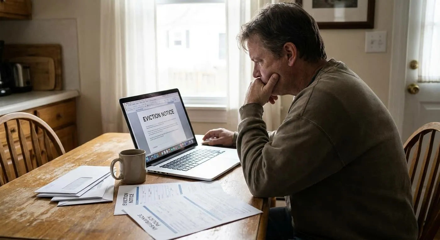 A worried man at a kitchen table reads an eviction notice on his laptop, with letters and forms beside him