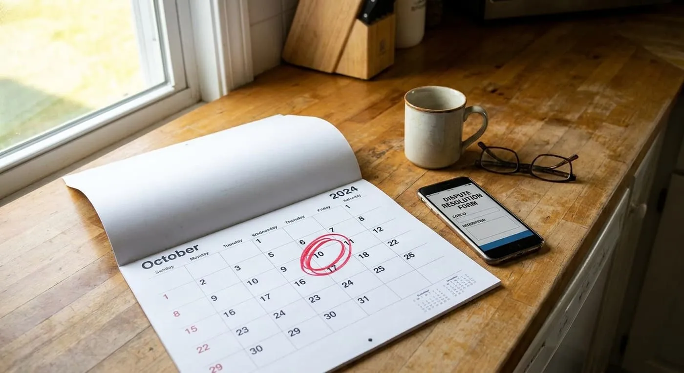 A calendar with one date circled in red lies on a counter beside a phone showing a dispute resolution form