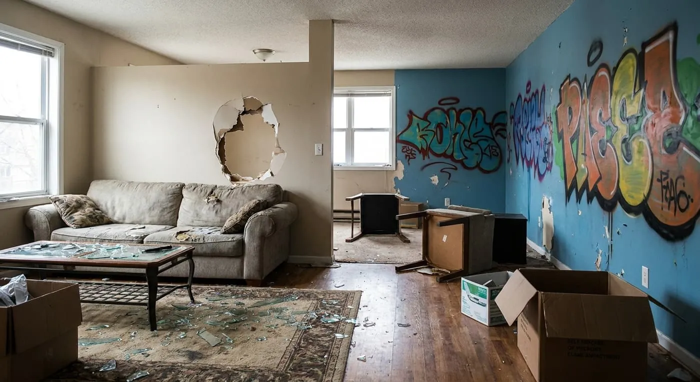 A living room with a large hole in the wall, graffiti on the walls, broken glass and overturned furniture