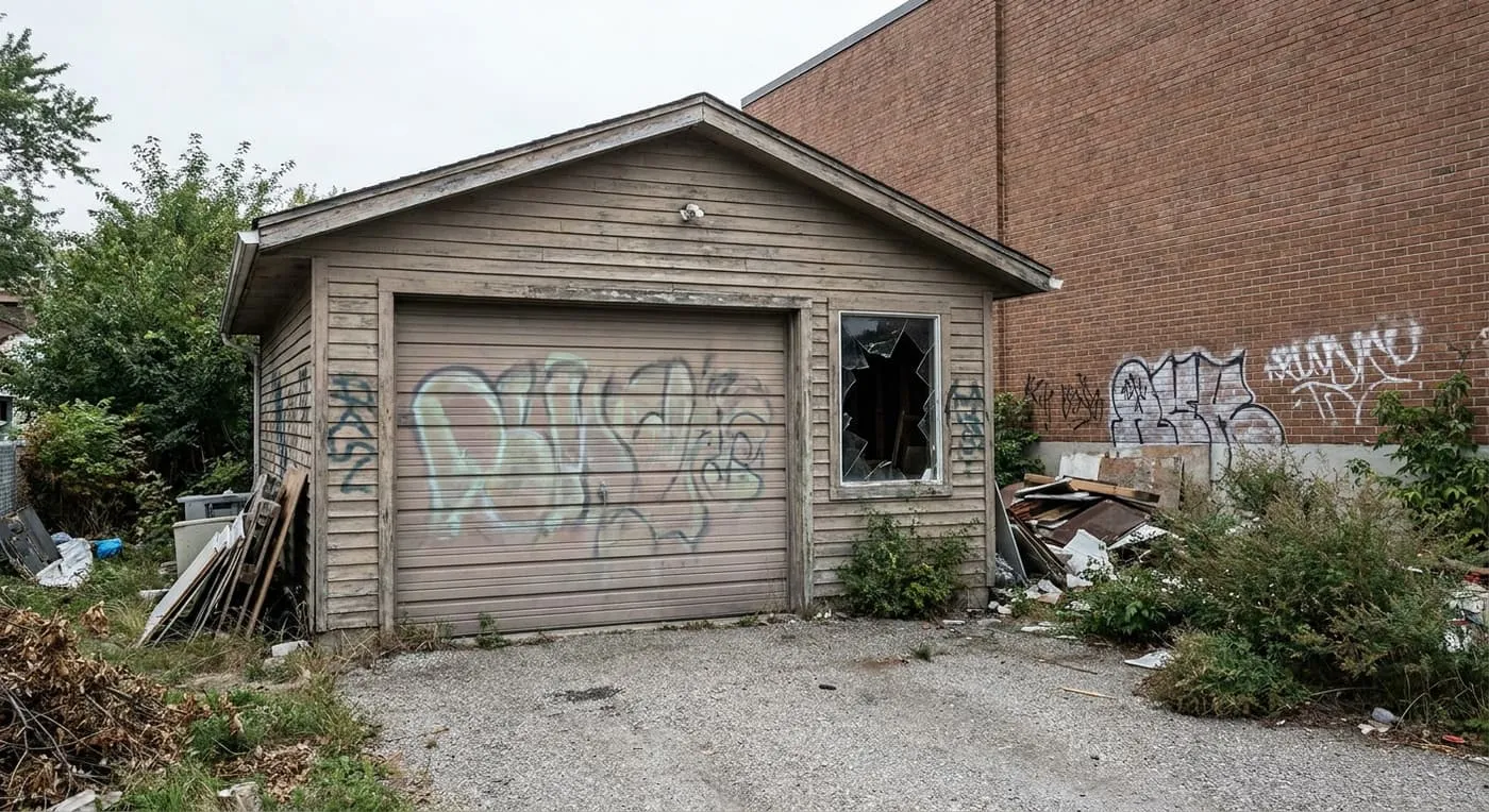 A detached garage with graffiti on the door, a smashed window and debris piled beside it