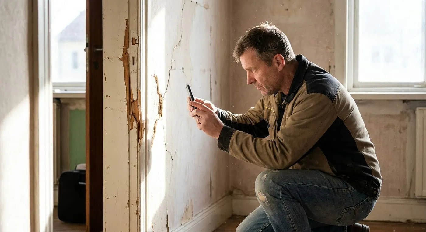 A man crouches to photograph cracked, peeling paint on a wall and door frame with his phone