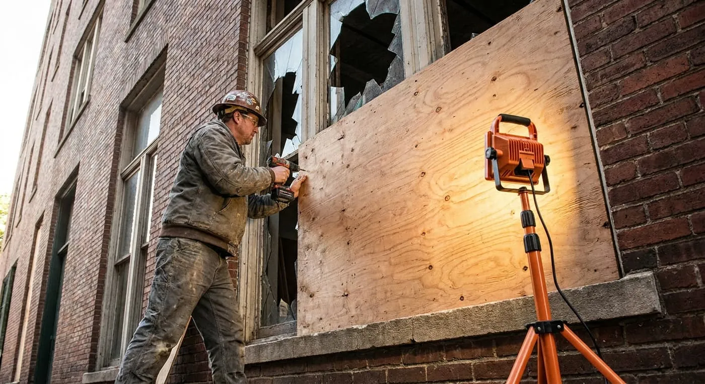 A worker in a hard hat uses a drill to board up a smashed window on a brick building with plywood