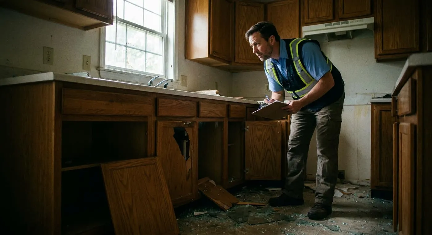 A man in a safety vest holds a clipboard while inspecting a kitchen with broken cabinet doors and glass on the floor