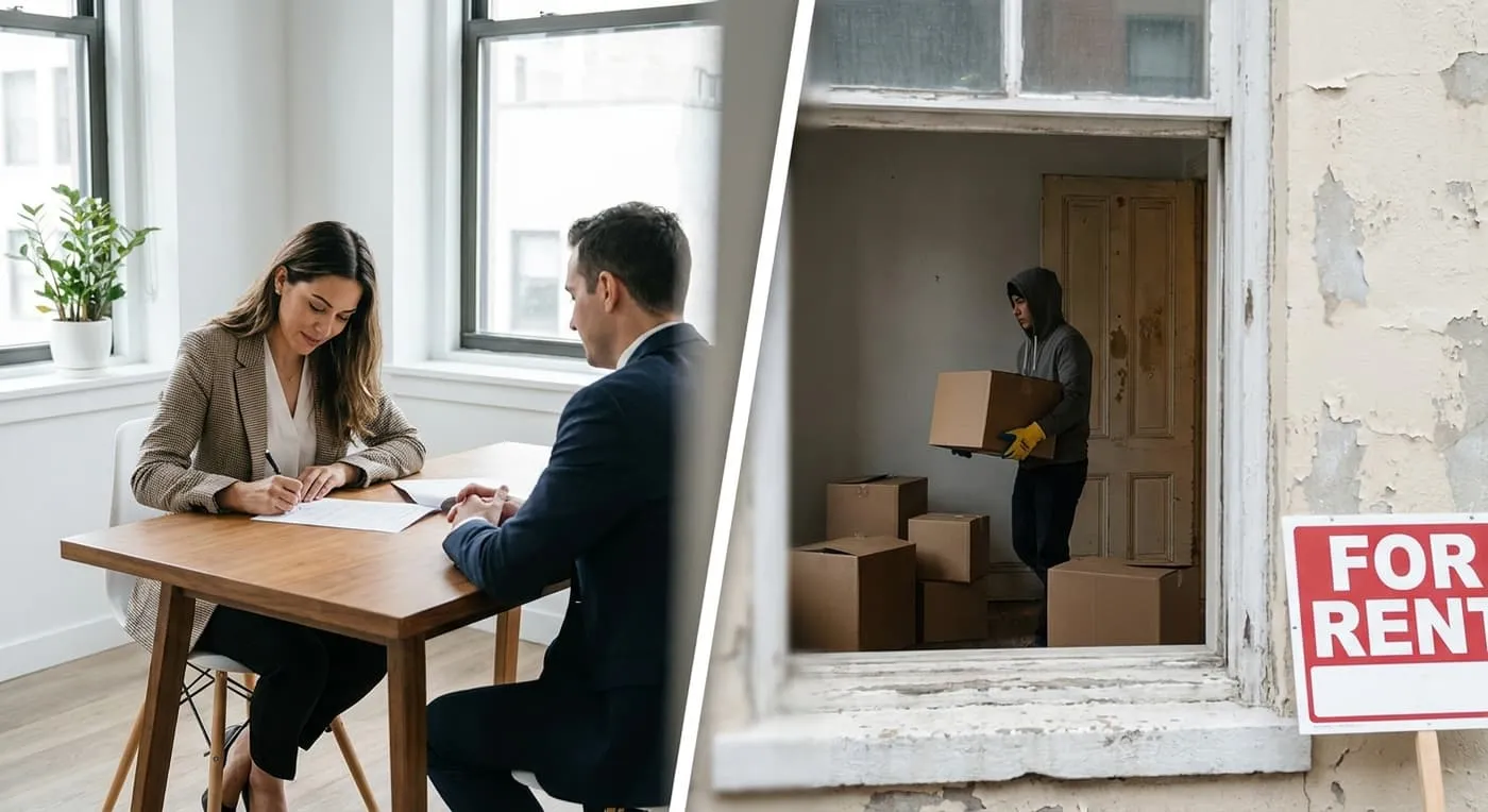 Left: a woman signs papers across from a man. Right: a hooded person carries a box inside a room with a For Rent sign