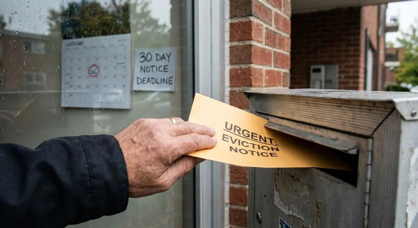 A hand slides an envelope marked Urgent: Eviction Notice into a mailbox, beside a note reading 30 Day Notice Deadline